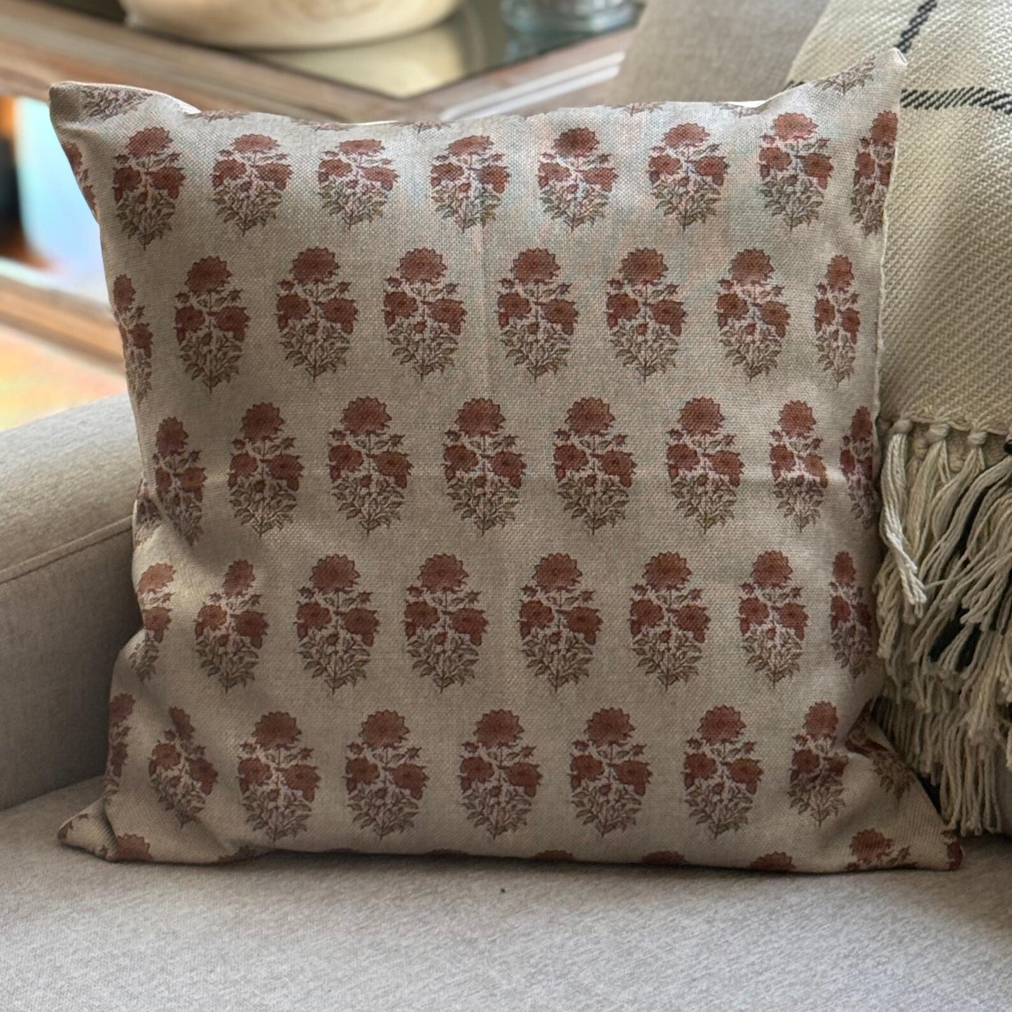 Floral Block Print Linen Pillow Cover, Farmhouse Decor