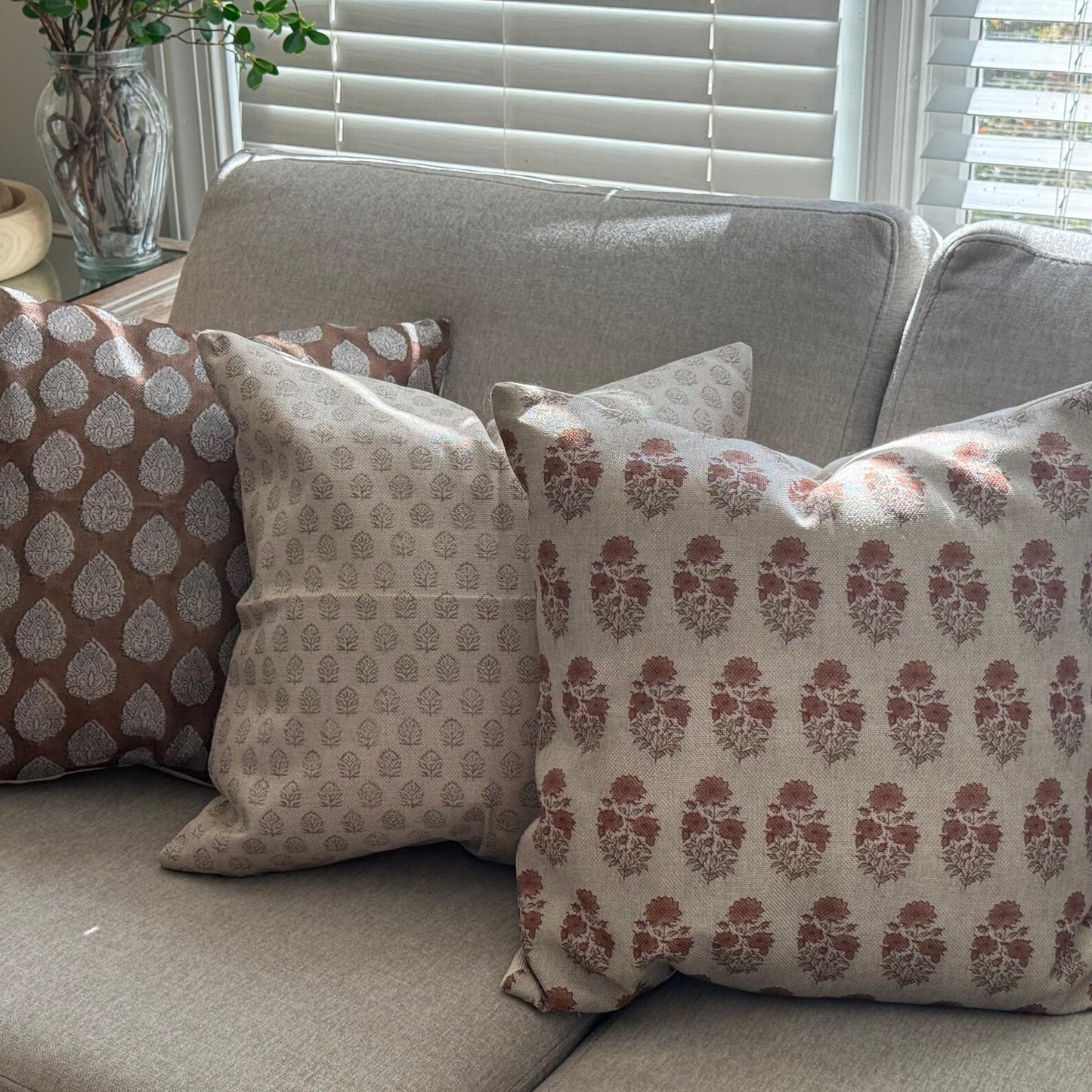 Floral Block Print Linen Pillow Cover, Farmhouse Decor