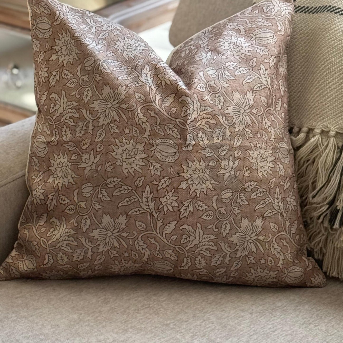 Floral Block Print Linen Pillow Cover, Farmhouse Decor