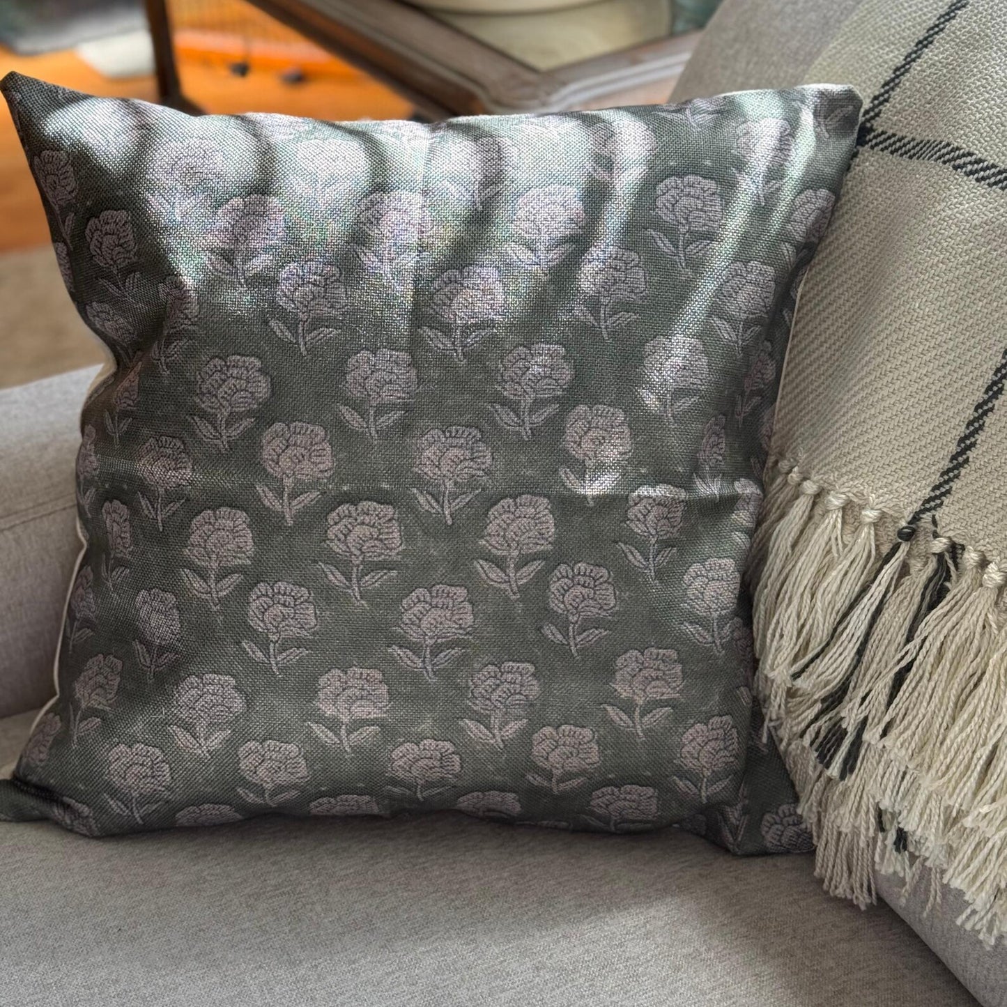 Floral Block Print Linen Pillow Cover, Farmhouse Decor