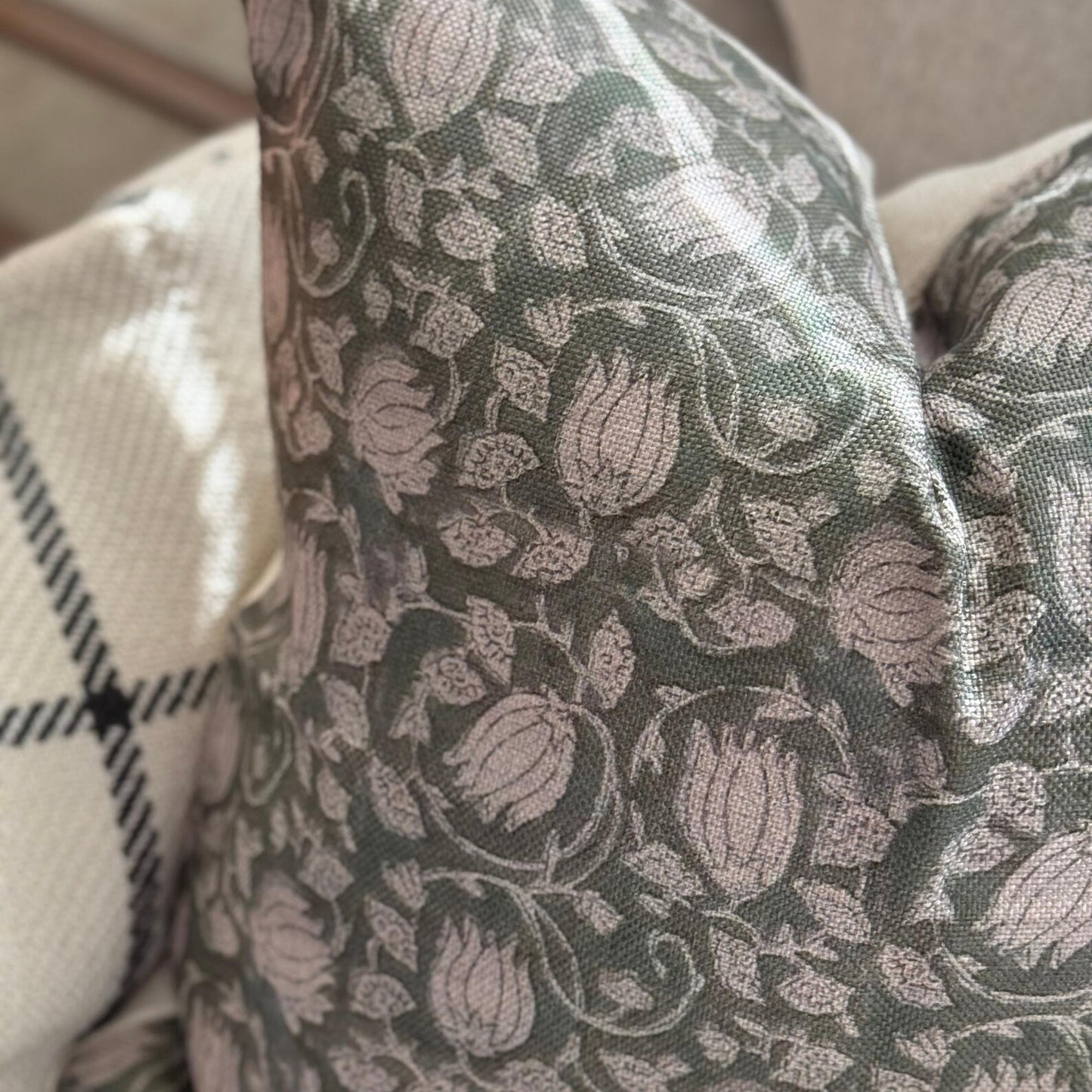 Floral Block Print Linen Pillow Cover, Farmhouse Decor