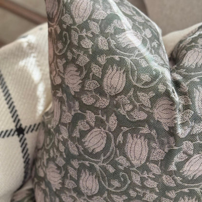Floral Block Print Linen Pillow Cover, Farmhouse Decor