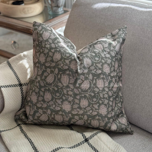 Floral Block Print Linen Pillow Cover, Farmhouse Decor
