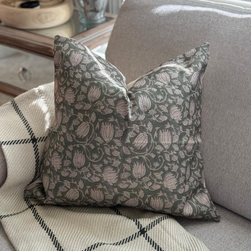 Floral Block Print Linen Pillow Cover, Farmhouse Decor