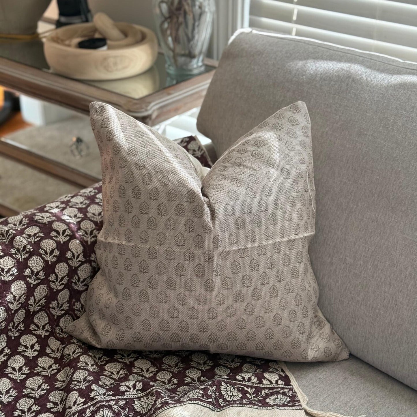 Floral Block Print Linen Pillow Cover, Farmhouse Decor