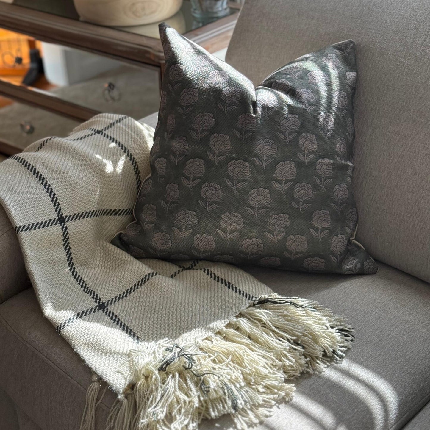 Floral Block Print Linen Pillow Cover, Farmhouse Decor