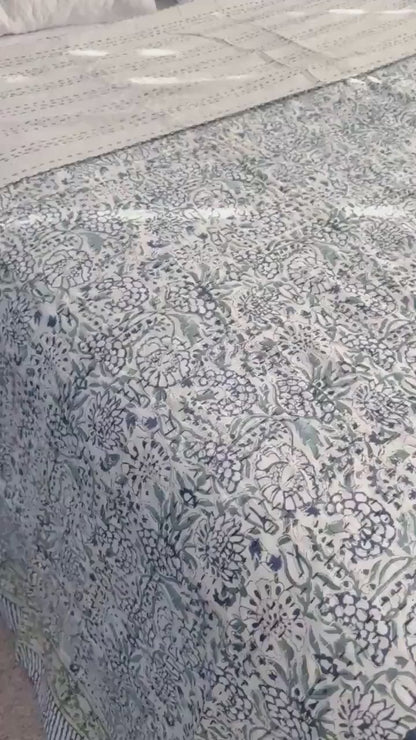 Blue Floral Kantha Quilt, Hand-Stitched Coastal Bedspread