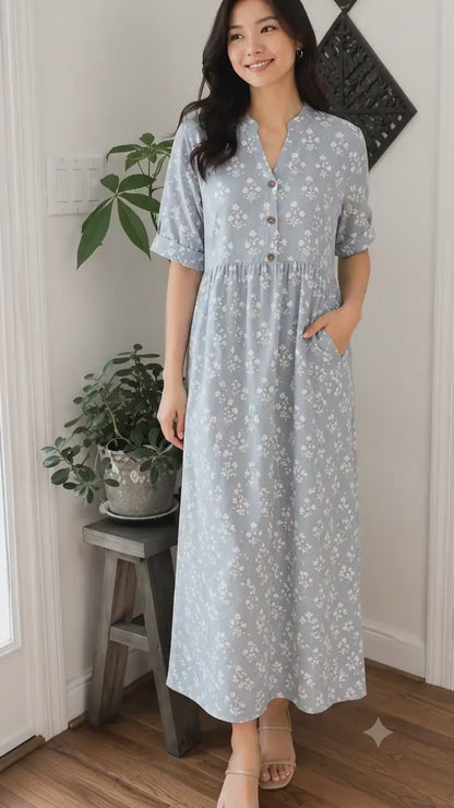Gray and White Floral Dress With Pockets Summer Women Clothing - Hand Block Print Cotton Dress For Beach Vacation - Button Down Casual Dress