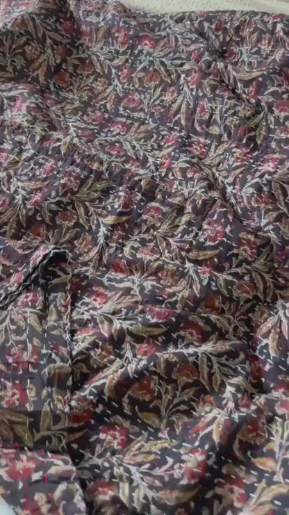 Burgundy Floral Kantha Quilt, Hand-Stitched King Size