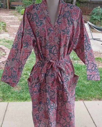 Pink Floral Cotton Kimono Robe: Lightweight Beach Cover-Up