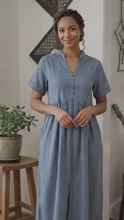 Blue Cotton Stripes Summer Dress for Women  - Mock Button Front with Pockets on both sides Cotton Dresses For Women - Boho Vacation Outfit