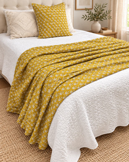 Yellow Handmade Kantha  Floral Kantha Quilt, Reversible Hand Block Print Cotton Bedspread, Indian Boho Bedding, Queen King Quilt