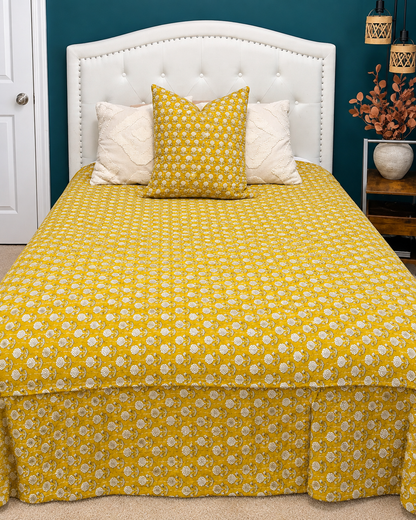 Yellow Handmade Kantha  Floral Kantha Quilt, Reversible Hand Block Print Cotton Bedspread, Indian Boho Bedding, Queen King Quilt