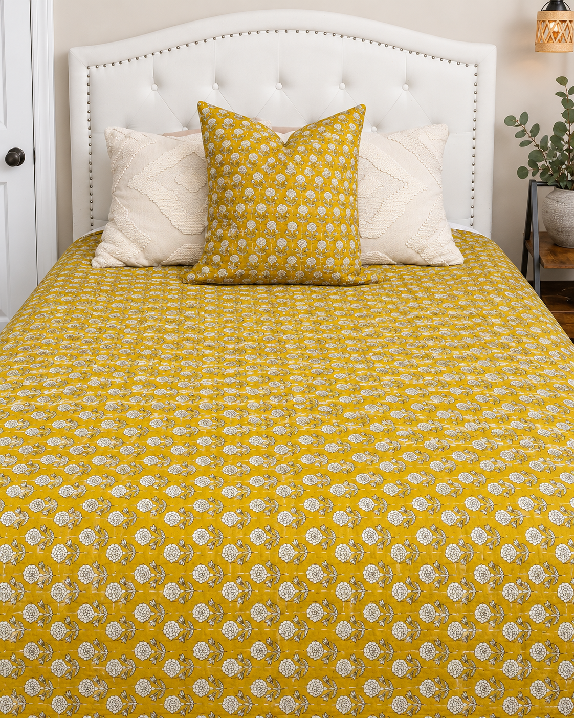 Yellow Handmade Kantha  Floral Kantha Quilt, Reversible Hand Block Print Cotton Bedspread, Indian Boho Bedding, Queen King Quilt