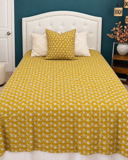 Yellow Handmade Kantha  Floral Kantha Quilt, Reversible Hand Block Print Cotton Bedspread, Indian Boho Bedding, Queen King Quilt