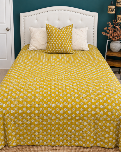 Yellow Handmade Kantha  Floral Kantha Quilt, Reversible Hand Block Print Cotton Bedspread, Indian Boho Bedding, Queen King Quilt