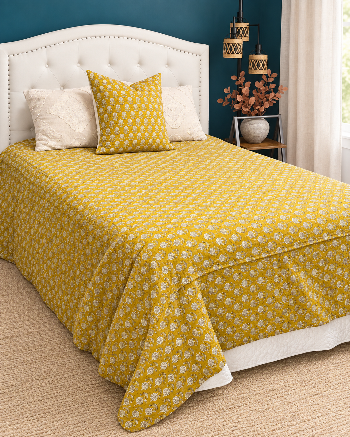Yellow Handmade Kantha  Floral Kantha Quilt, Reversible Hand Block Print Cotton Bedspread, Indian Boho Bedding, Queen King Quilt